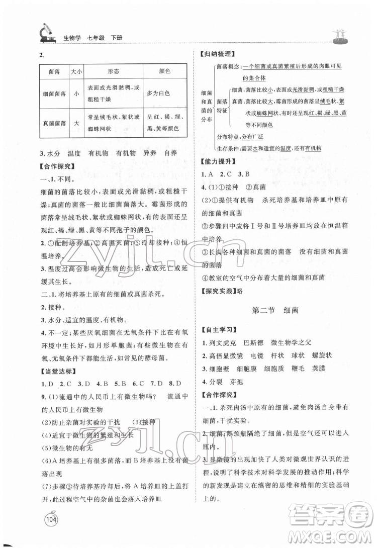 山東教育出版社2022初中同步練習(xí)冊(cè)生物學(xué)七年級(jí)下冊(cè)魯科版答案