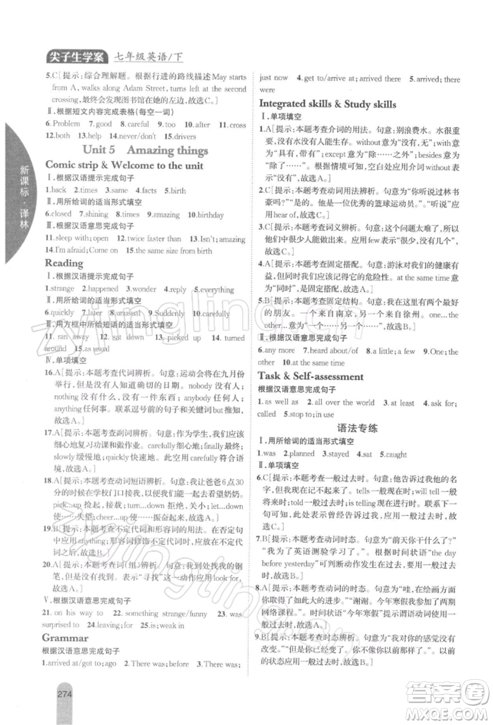 吉林人民出版社2022尖子生學(xué)案七年級下冊英語譯林版參考答案