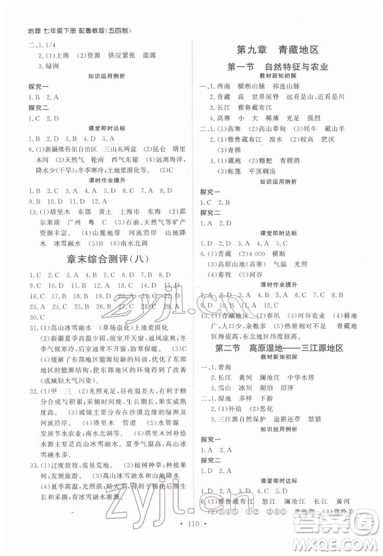 山東人民出版社2022初中同步練習(xí)冊地理七年級下冊五四制魯教版答案
