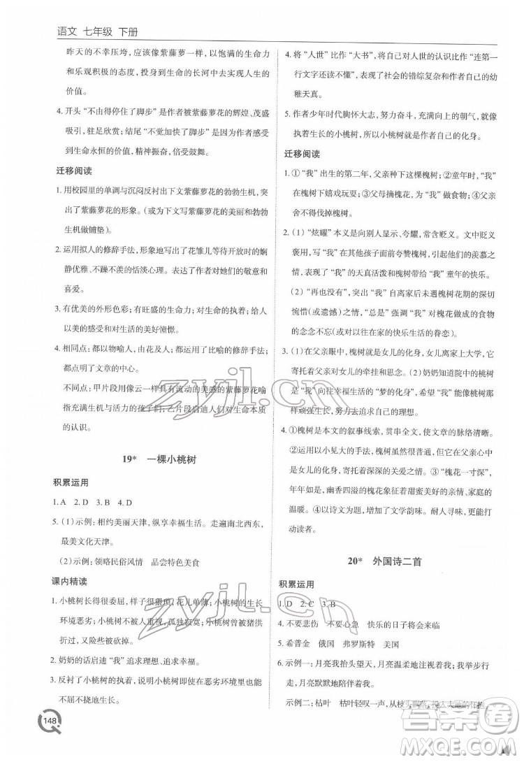 青島出版社2022初中同步練習冊語文七年級下冊六三制人教版答案