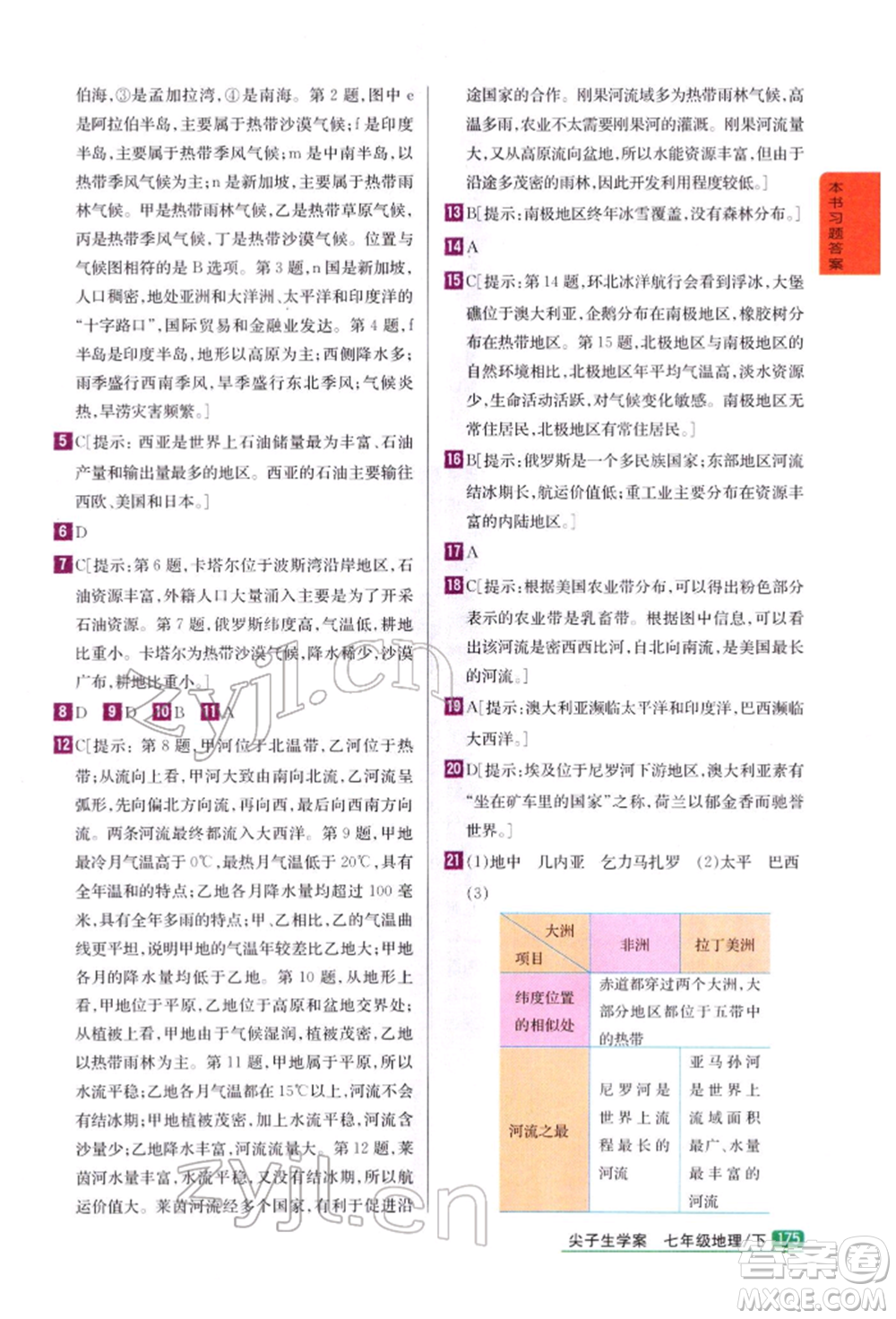 吉林人民出版社2022尖子生學(xué)案七年級下冊地理湘教版參考答案