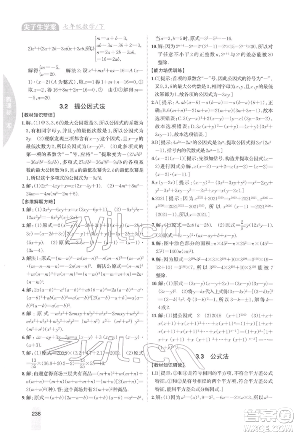 吉林人民出版社2022尖子生學(xué)案七年級(jí)下冊(cè)數(shù)學(xué)湘教版參考答案