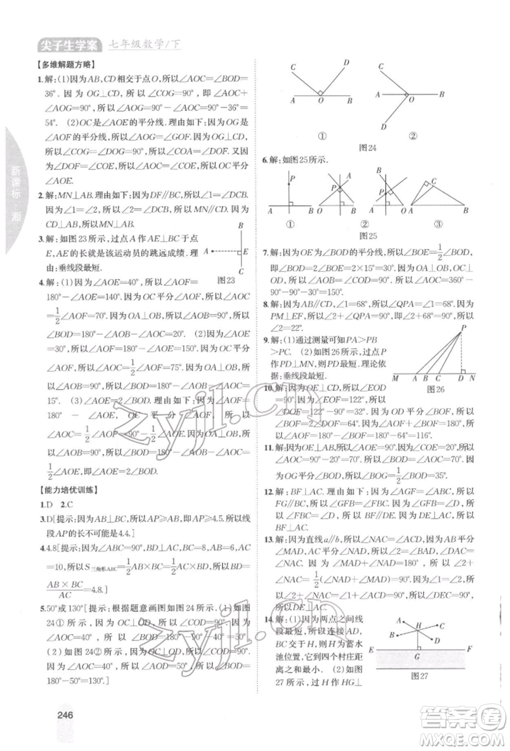 吉林人民出版社2022尖子生學(xué)案七年級(jí)下冊(cè)數(shù)學(xué)湘教版參考答案