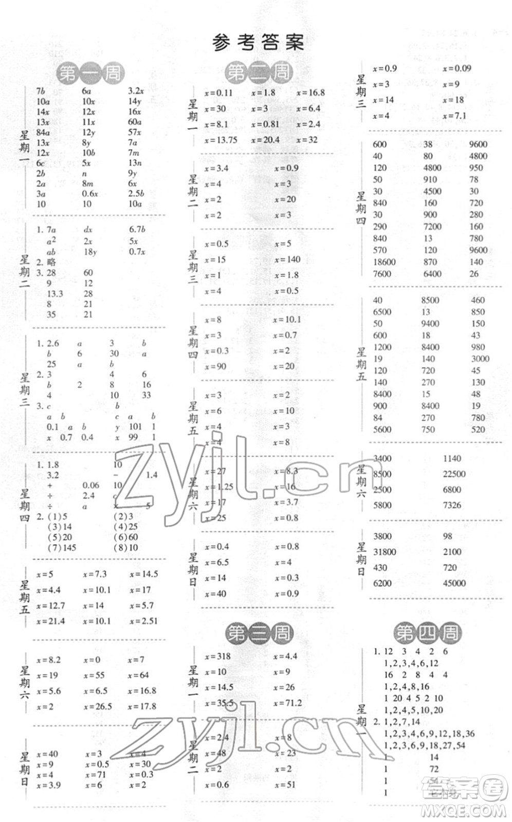 寧夏人民教育出版社2022經(jīng)綸學(xué)典口算達(dá)人五年級(jí)數(shù)學(xué)下冊(cè)江蘇國標(biāo)版答案