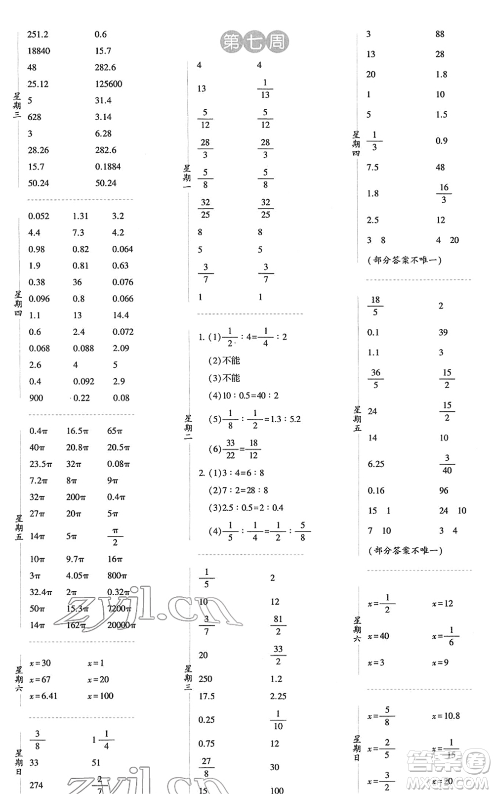 寧夏人民教育出版社2022經(jīng)綸學典口算達人六年級數(shù)學下冊RJ人教版答案