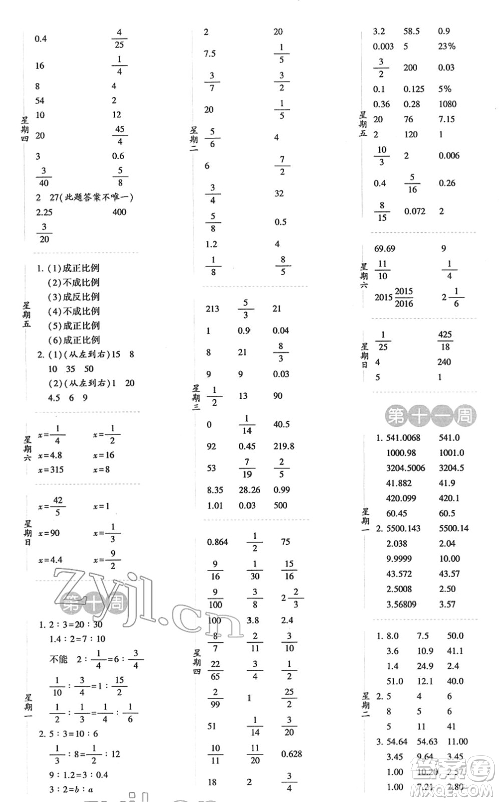寧夏人民教育出版社2022經(jīng)綸學典口算達人六年級數(shù)學下冊RJ人教版答案