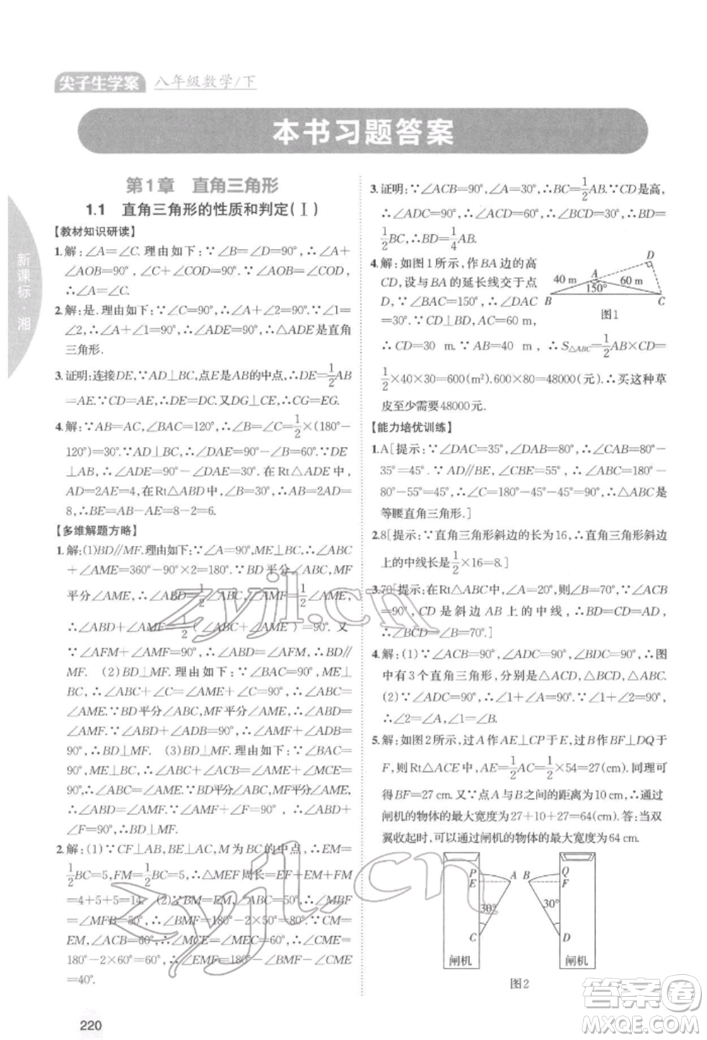 吉林人民出版社2022尖子生學案八年級下冊數(shù)學湘教版參考答案