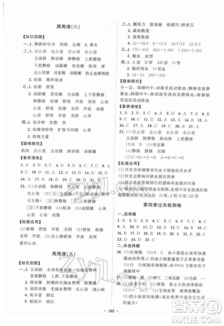 山東教育出版社2022初中同步練習冊分層卷生物學七年級下冊人教版答案