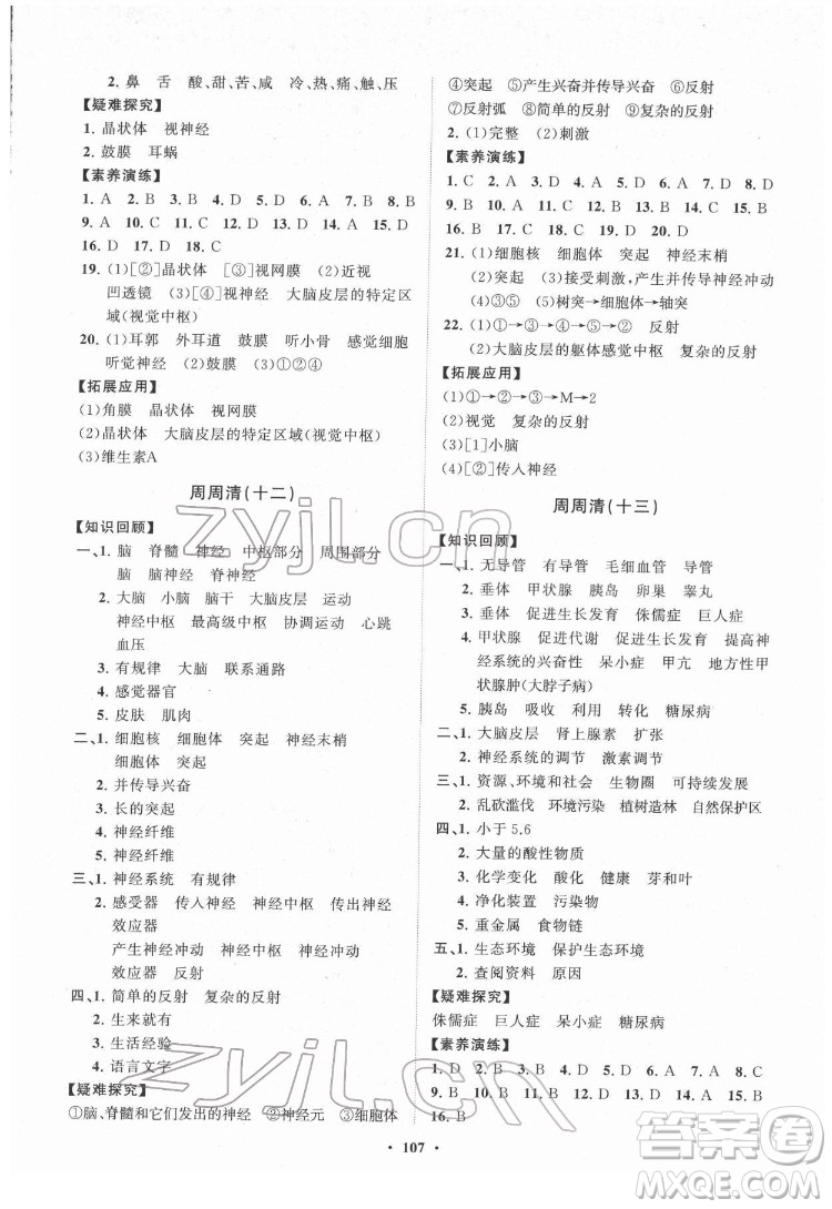山東教育出版社2022初中同步練習冊分層卷生物學七年級下冊人教版答案