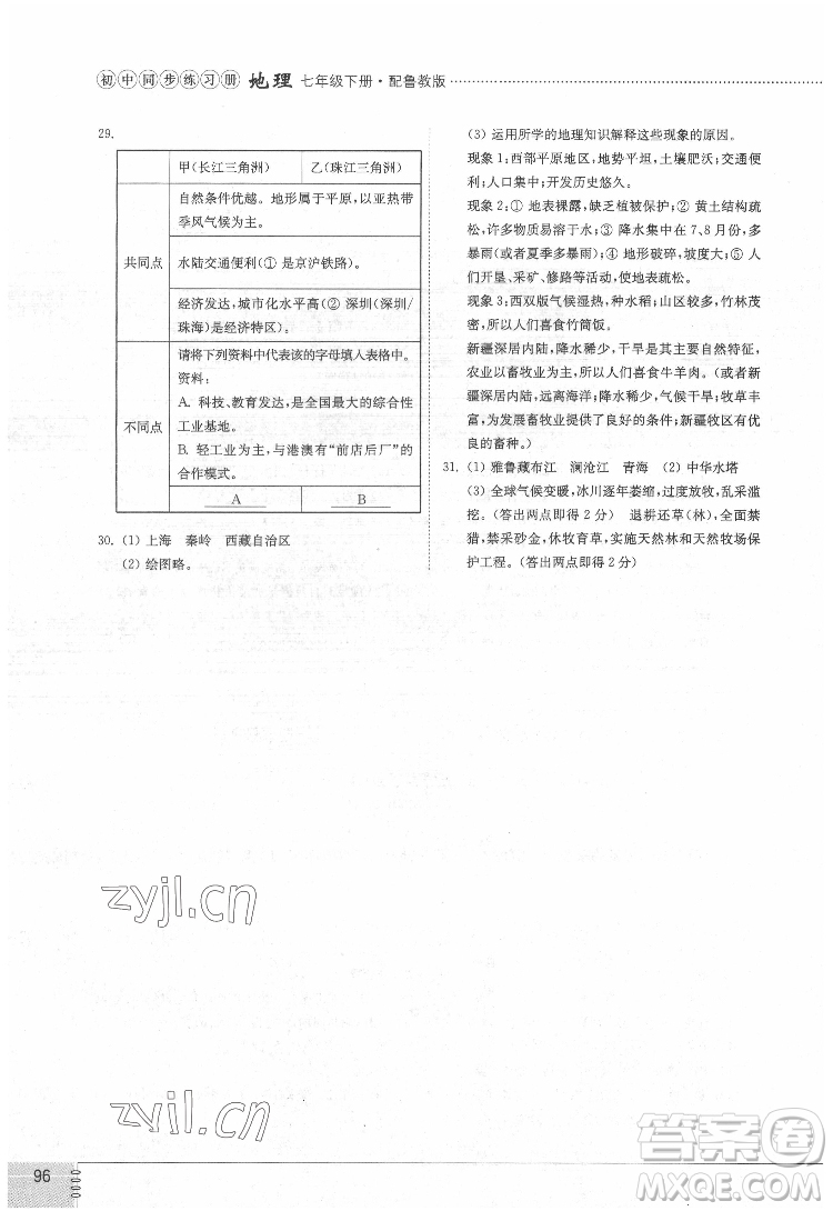 山東教育出版社2022初中同步練習(xí)冊地理七年級下冊五四制魯教版答案