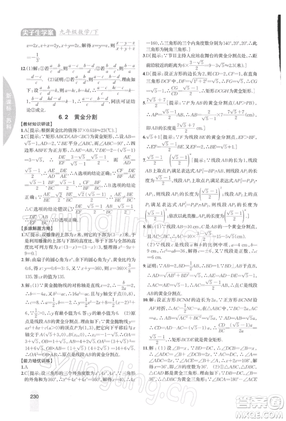 吉林人民出版社2022尖子生學案九年級下冊數(shù)學蘇科版參考答案