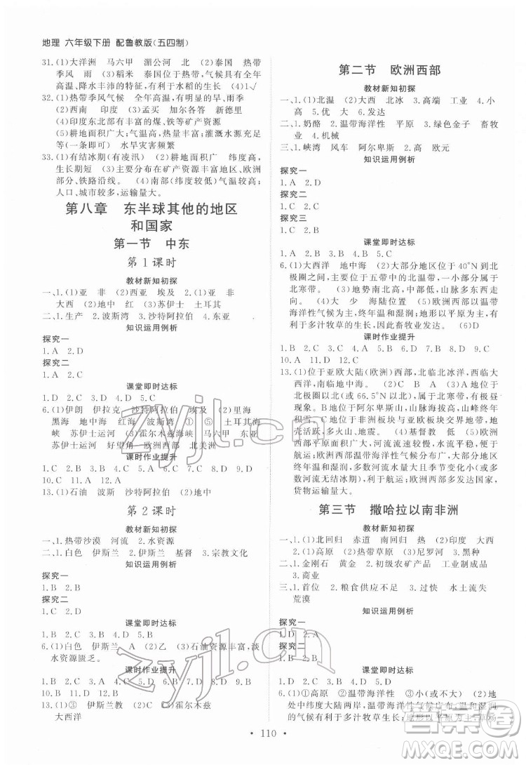 山東人民出版社2022初中同步練習(xí)冊(cè)地理六年級(jí)下冊(cè)五四制魯教版答案