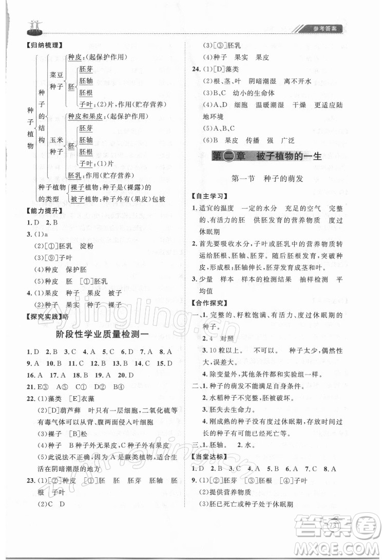 山東友誼出版社2022初中同步練習(xí)冊(cè)生物學(xué)六年級(jí)下冊(cè)魯科版答案
