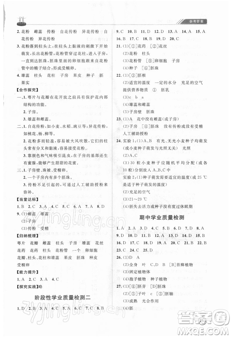 山東友誼出版社2022初中同步練習(xí)冊(cè)生物學(xué)六年級(jí)下冊(cè)魯科版答案