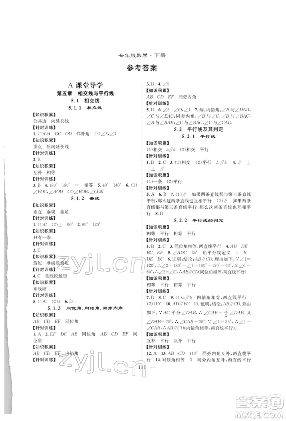 長(zhǎng)江少年兒童出版社2022優(yōu)質(zhì)課堂導(dǎo)學(xué)案七年級(jí)下冊(cè)數(shù)學(xué)人教版B自主作業(yè)參考答案
