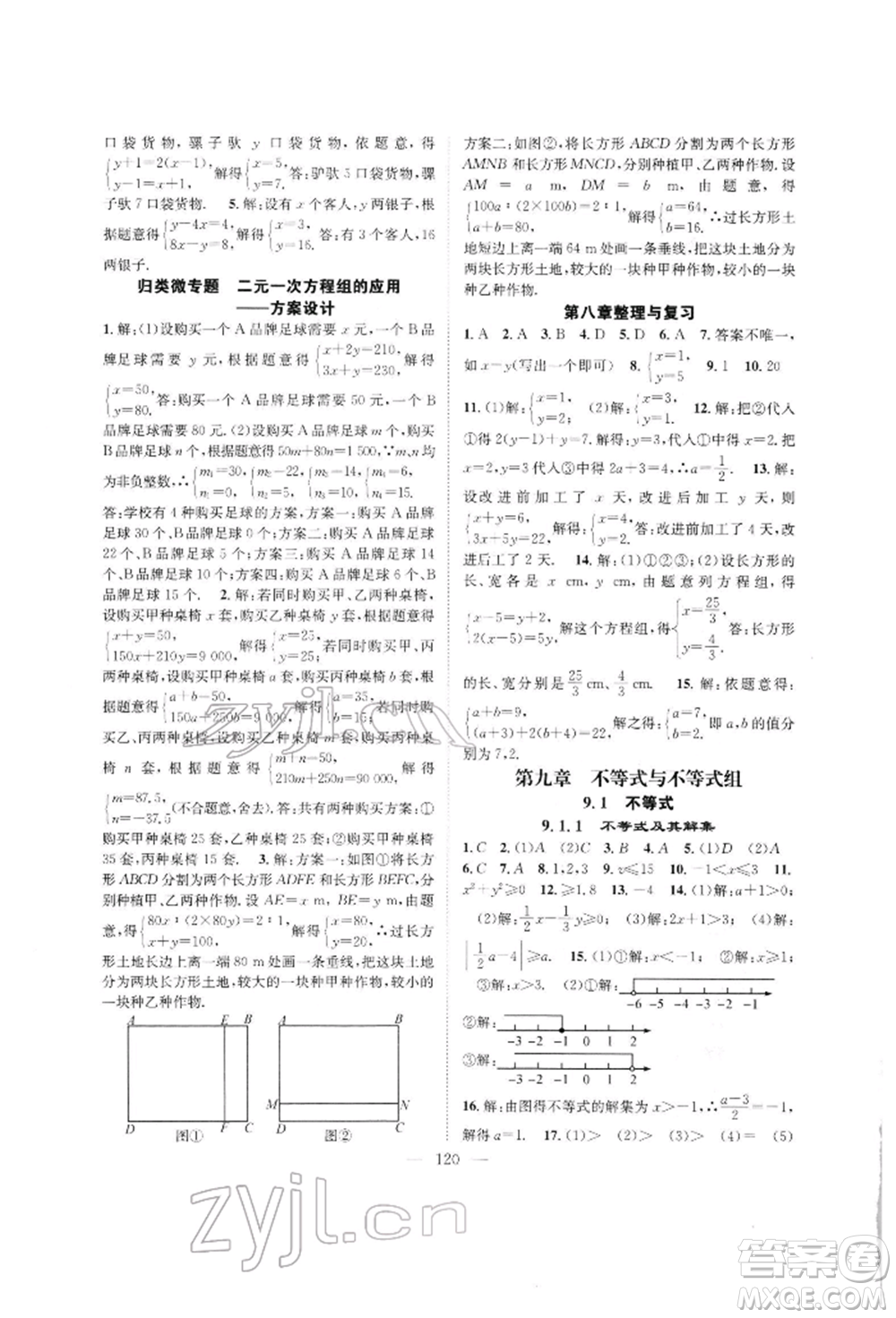 長(zhǎng)江少年兒童出版社2022優(yōu)質(zhì)課堂導(dǎo)學(xué)案七年級(jí)下冊(cè)數(shù)學(xué)人教版B自主作業(yè)參考答案
