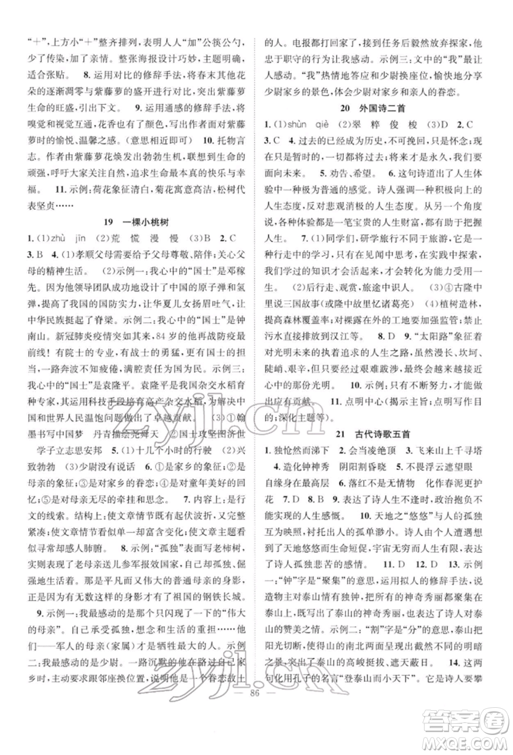 長(zhǎng)江少年兒童出版社2022優(yōu)質(zhì)課堂導(dǎo)學(xué)案七年級(jí)下冊(cè)語(yǔ)文人教版B自主作業(yè)參考答案