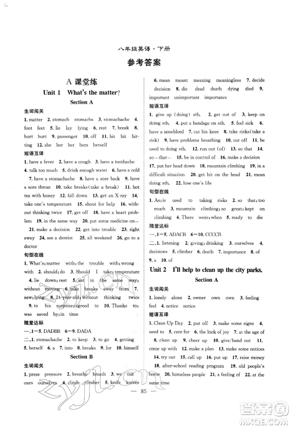 長江少年兒童出版社2022優(yōu)質(zhì)課堂導(dǎo)學(xué)案八年級下冊英語人教版B自主作業(yè)參考答案