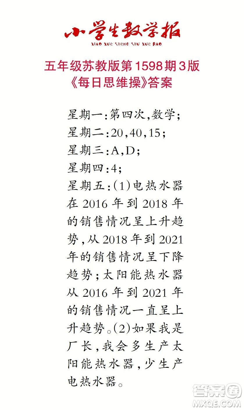2022春小學(xué)生數(shù)學(xué)報五年級第1598期答案