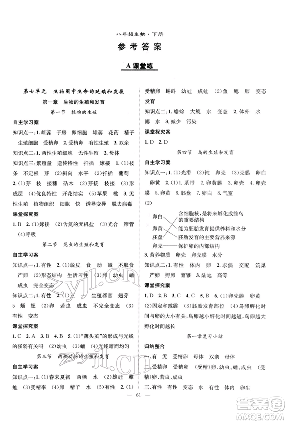 長江少年兒童出版社2022優(yōu)質(zhì)課堂導學案八年級下冊生物人教版B課后作業(yè)參考答案
