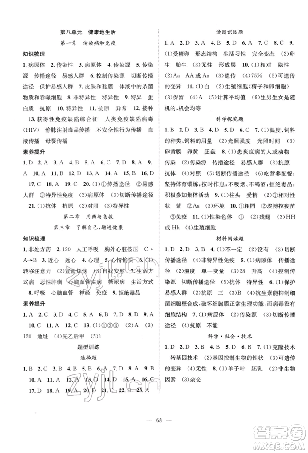 長江少年兒童出版社2022優(yōu)質(zhì)課堂導學案八年級下冊生物人教版B課后作業(yè)參考答案