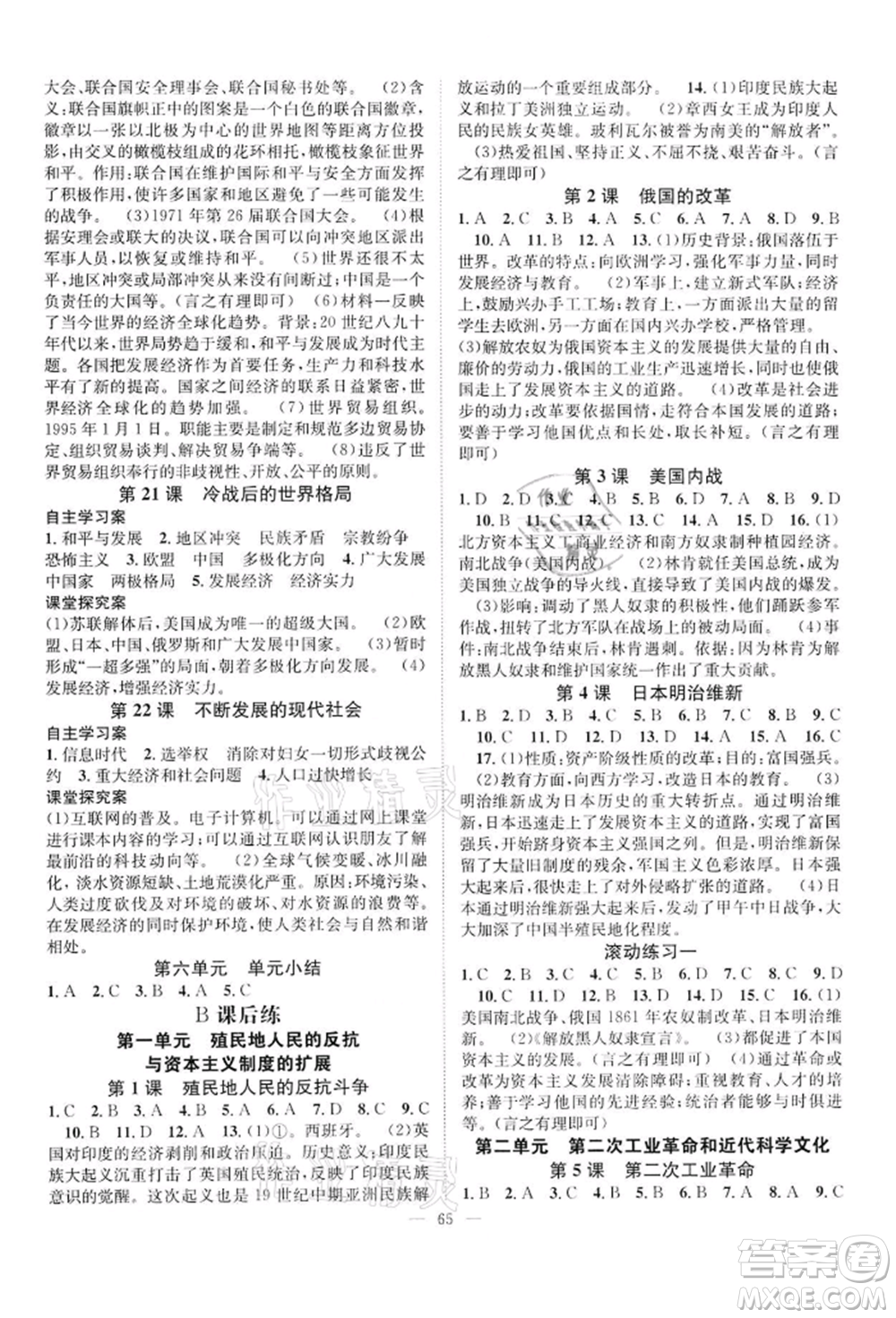 長(zhǎng)江少年兒童出版社2022優(yōu)質(zhì)課堂導(dǎo)學(xué)案九年級(jí)下冊(cè)歷史人教版B課后作業(yè)參考答案
