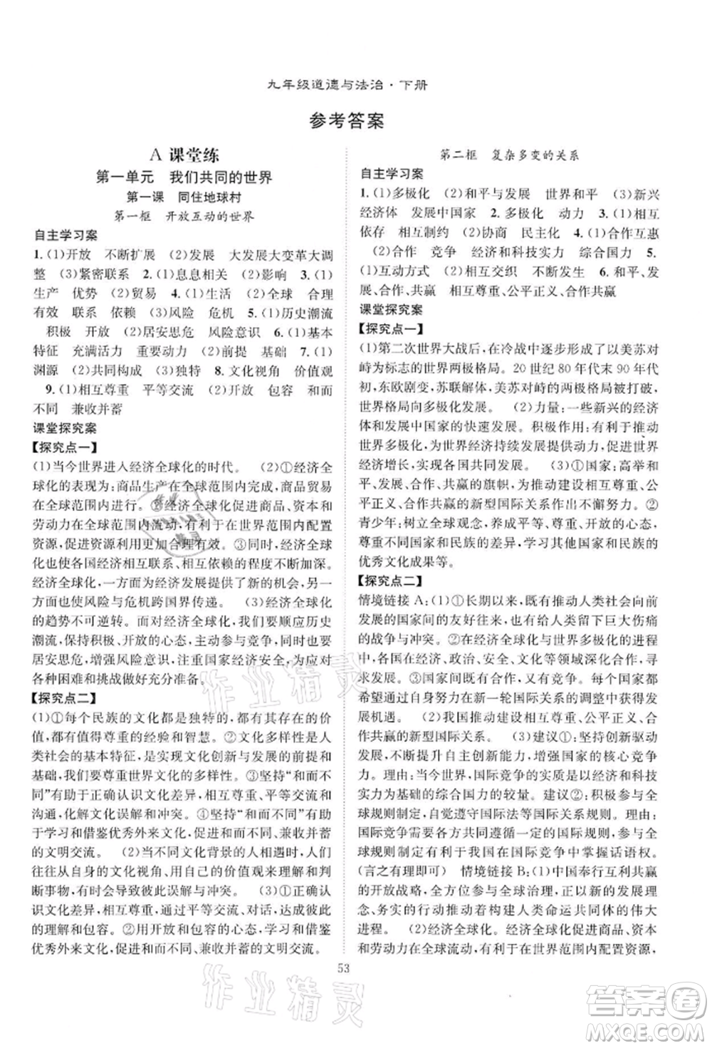長江少年兒童出版社2022優(yōu)質(zhì)課堂導(dǎo)學(xué)案九年級下冊道德與法治人教版B課后作業(yè)參考答案