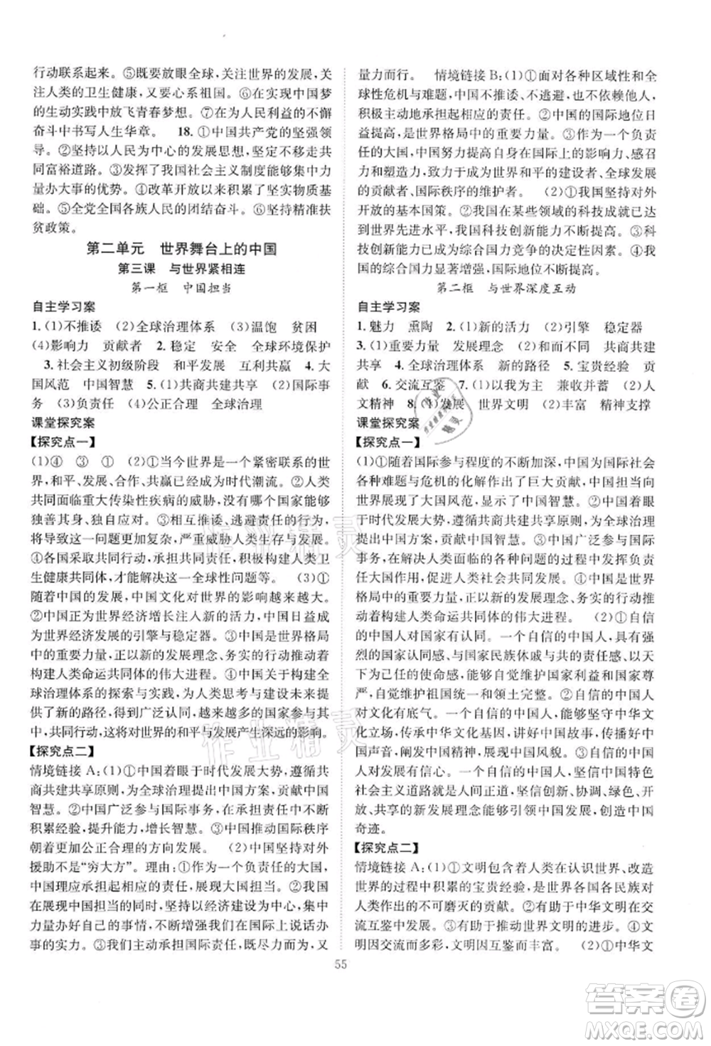 長江少年兒童出版社2022優(yōu)質(zhì)課堂導(dǎo)學(xué)案九年級下冊道德與法治人教版B課后作業(yè)參考答案