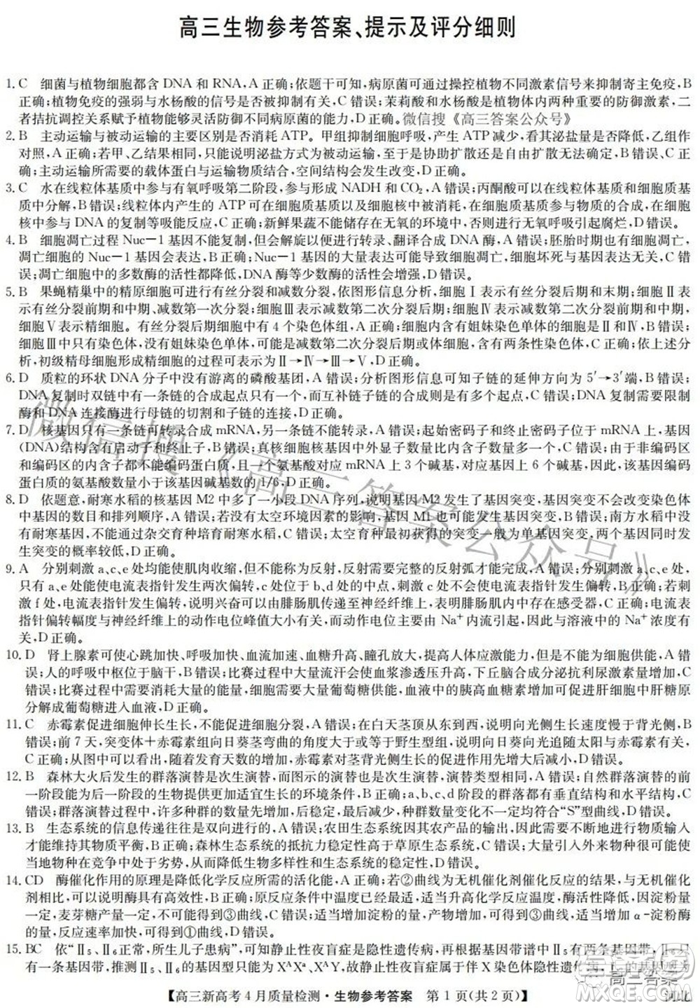 2022九師聯(lián)盟高三新高考4月質(zhì)量檢測生物試題及答案