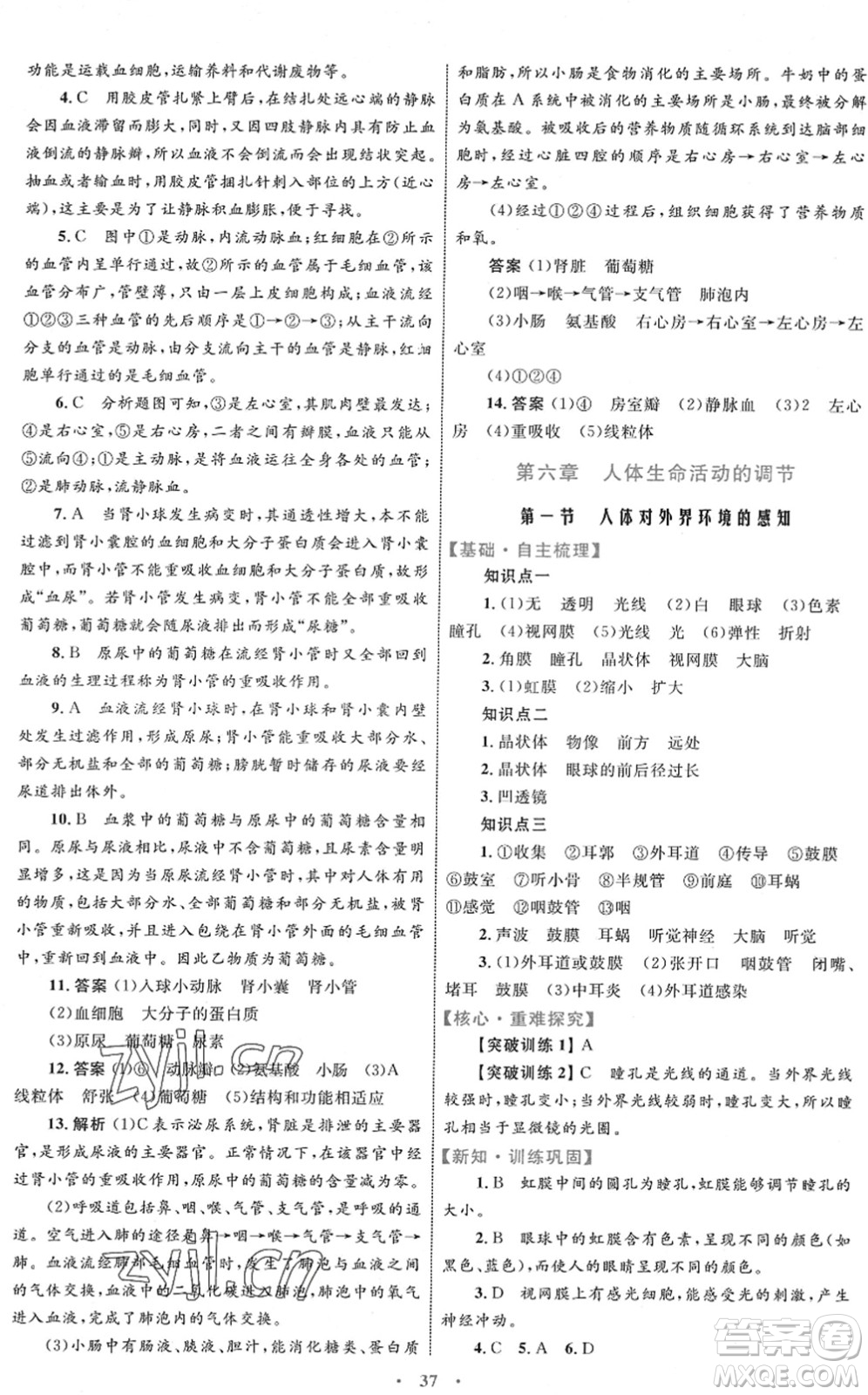 內(nèi)蒙古教育出版社2022初中同步學(xué)習(xí)目標(biāo)與檢測(cè)七年級(jí)生物下冊(cè)人教版答案