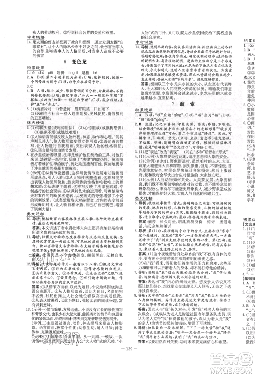 陜西人民教育出版社2022練案五四學(xué)制九年級語文下冊人教版參考答案