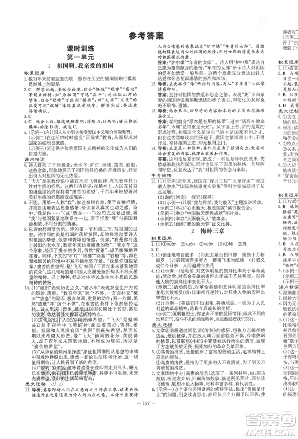 陜西人民教育出版社2022練案五四學(xué)制九年級語文下冊人教版參考答案