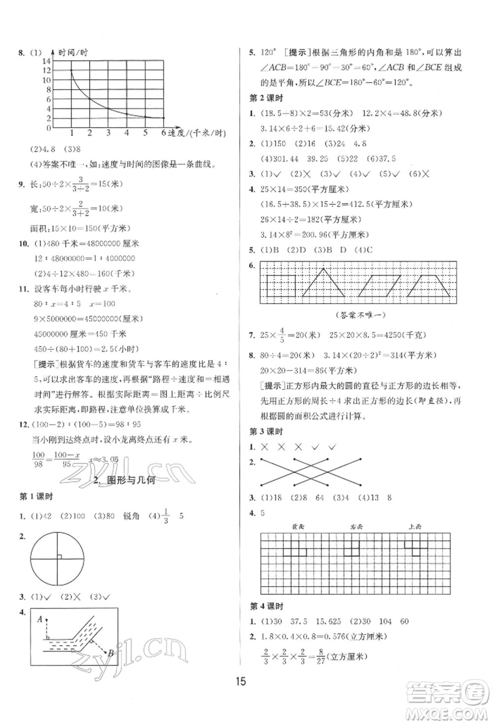 江蘇人民出版社2022年1課3練單元達標測試六年級下冊數(shù)學蘇教版參考答案