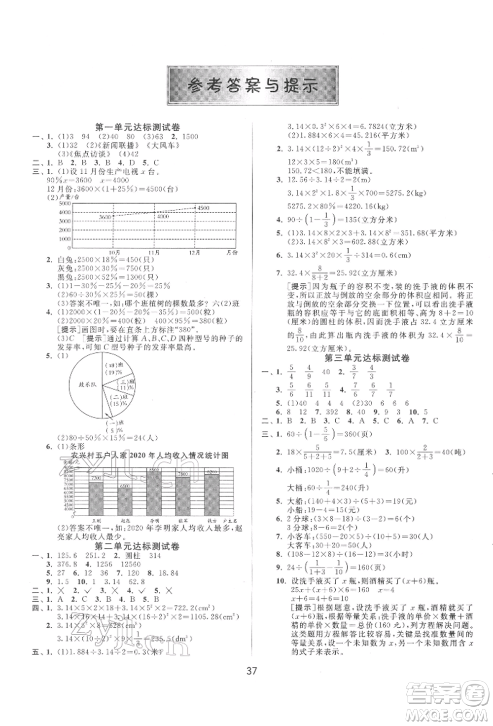 江蘇人民出版社2022年1課3練單元達標測試六年級下冊數(shù)學蘇教版參考答案