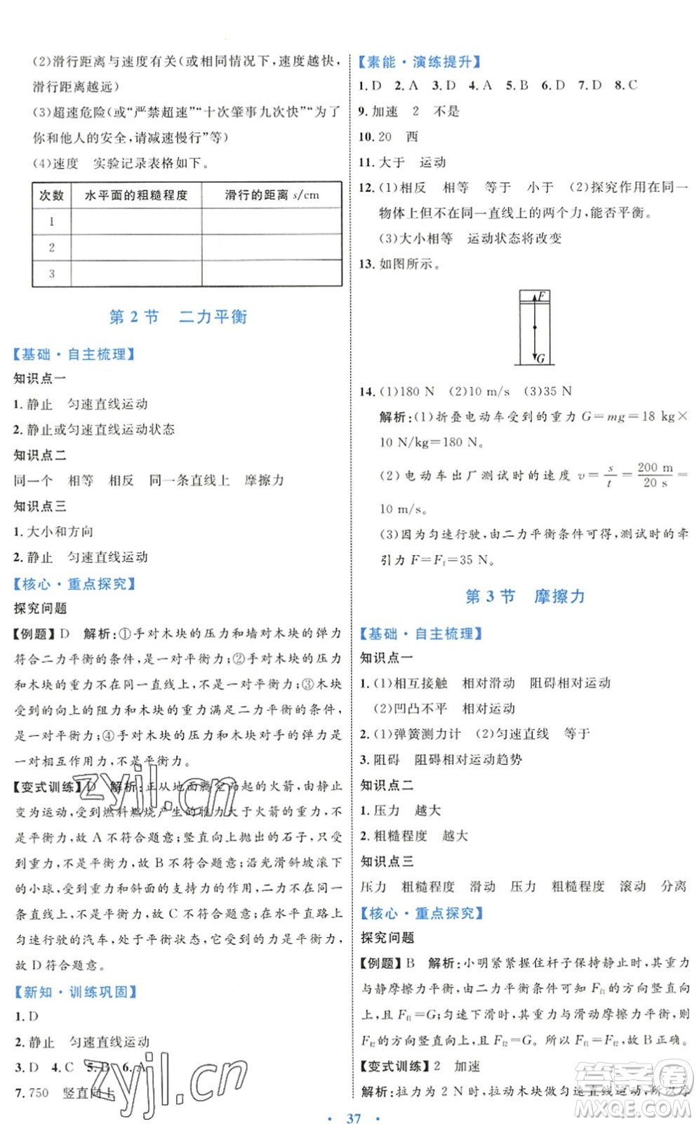 內(nèi)蒙古教育出版社2022初中同步學習目標與檢測八年級物理下冊人教版答案