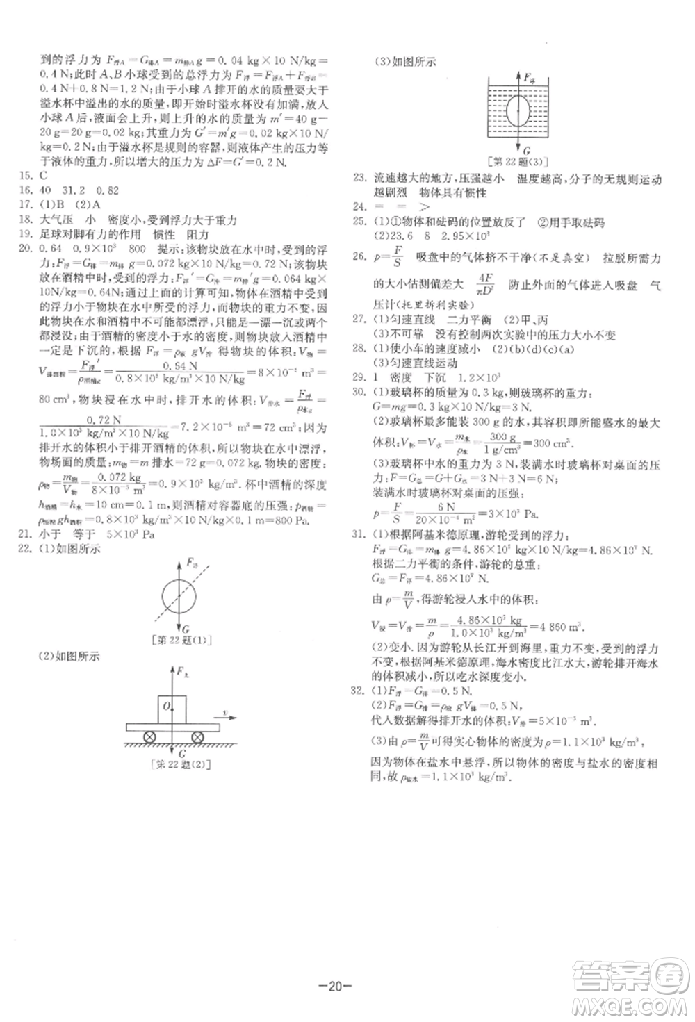 江蘇人民出版社2022年1課3練單元達(dá)標(biāo)測試八年級下冊物理蘇科版參考答案