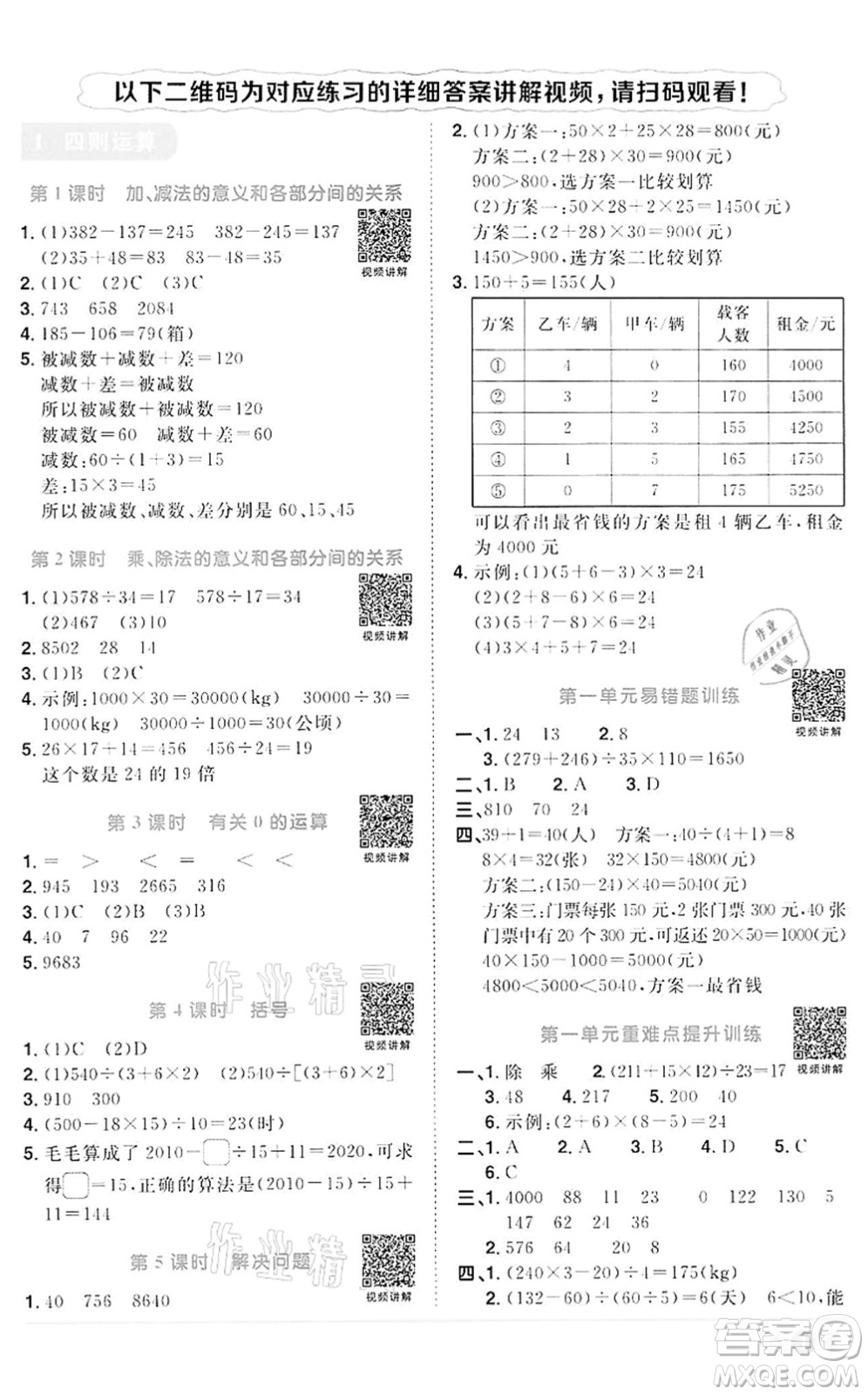 浙江教育出版社2022陽光同學(xué)課時達標訓(xùn)練四年級數(shù)學(xué)下冊R人教版浙江專版答案