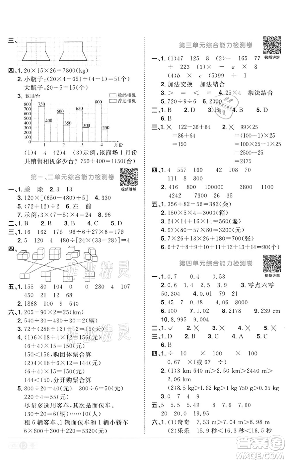 浙江教育出版社2022陽光同學(xué)課時達標訓(xùn)練四年級數(shù)學(xué)下冊R人教版浙江專版答案