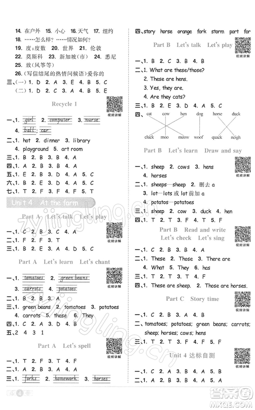 浙江教育出版社2022陽(yáng)光同學(xué)課時(shí)達(dá)標(biāo)訓(xùn)練四年級(jí)英語(yǔ)下冊(cè)PEP版浙江專(zhuān)版答案