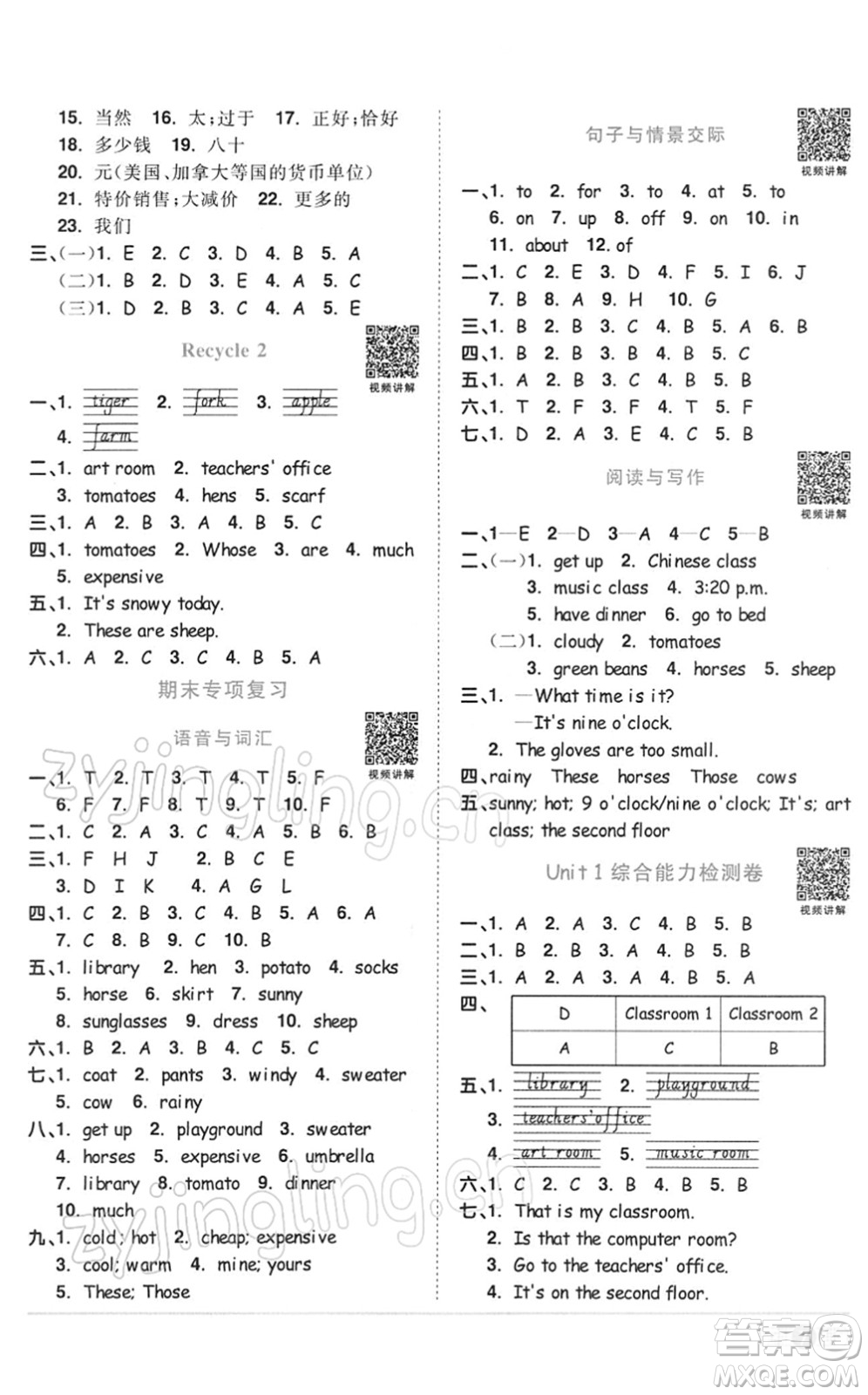 浙江教育出版社2022陽(yáng)光同學(xué)課時(shí)達(dá)標(biāo)訓(xùn)練四年級(jí)英語(yǔ)下冊(cè)PEP版浙江專(zhuān)版答案