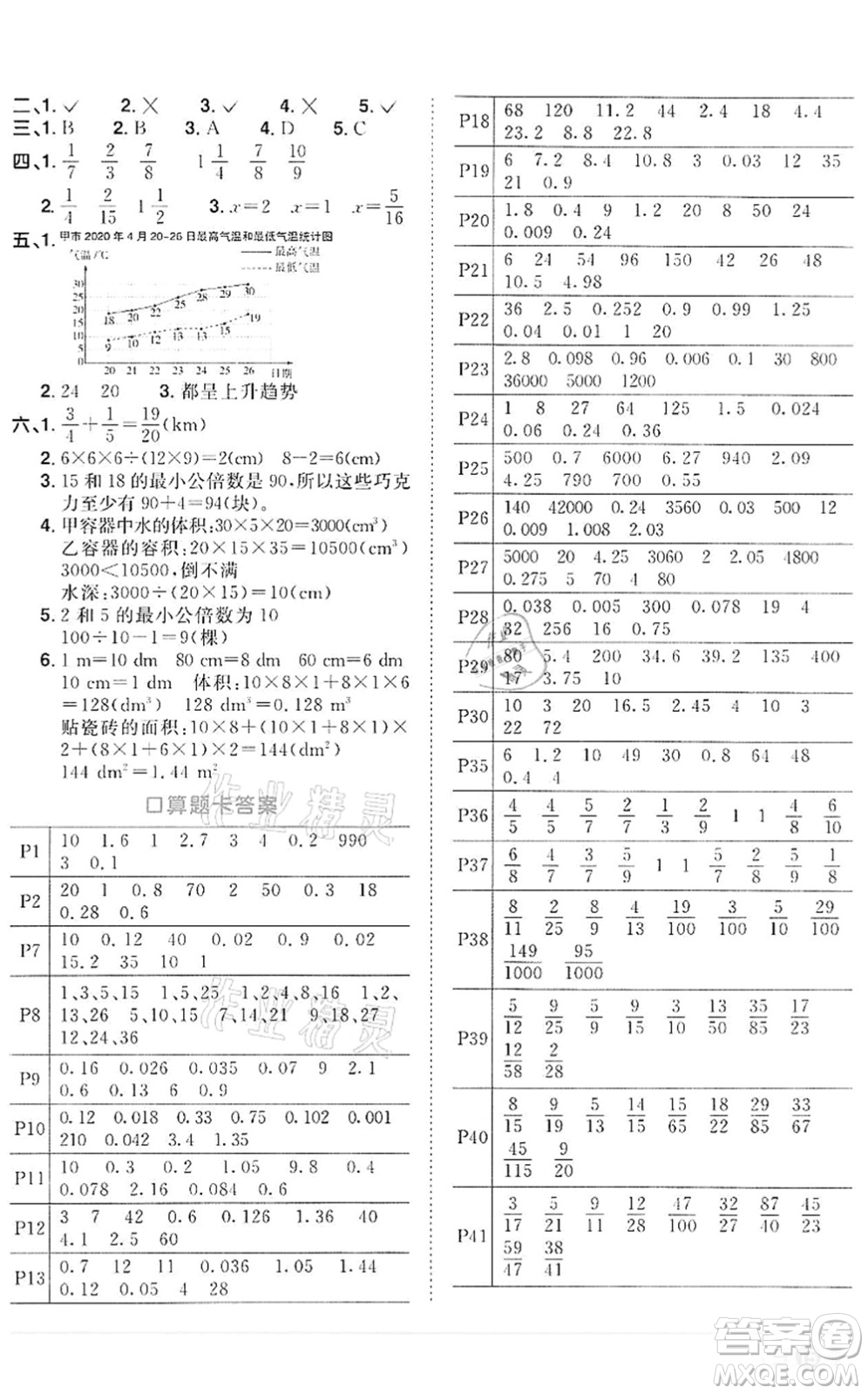 浙江教育出版社2022陽光同學(xué)課時(shí)達(dá)標(biāo)訓(xùn)練五年級數(shù)學(xué)下冊R人教版浙江專版答案