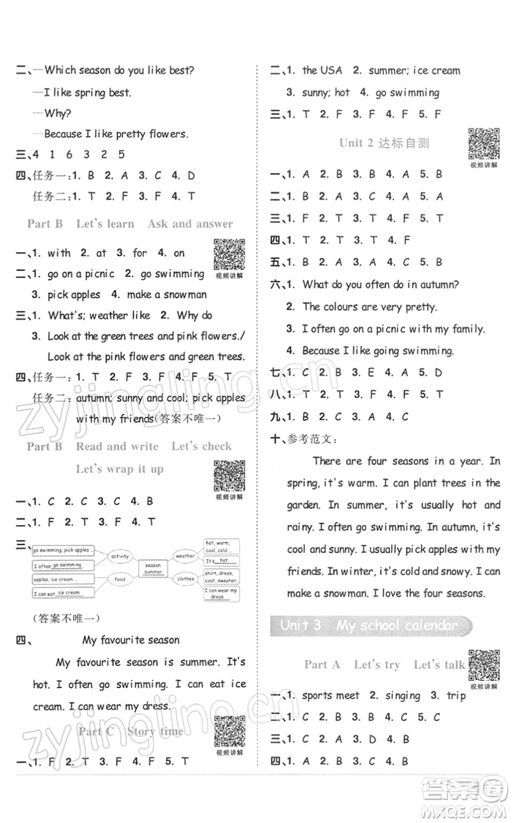 浙江教育出版社2022陽光同學(xué)課時達標(biāo)訓(xùn)練五年級英語下冊PEP版浙江專版答案