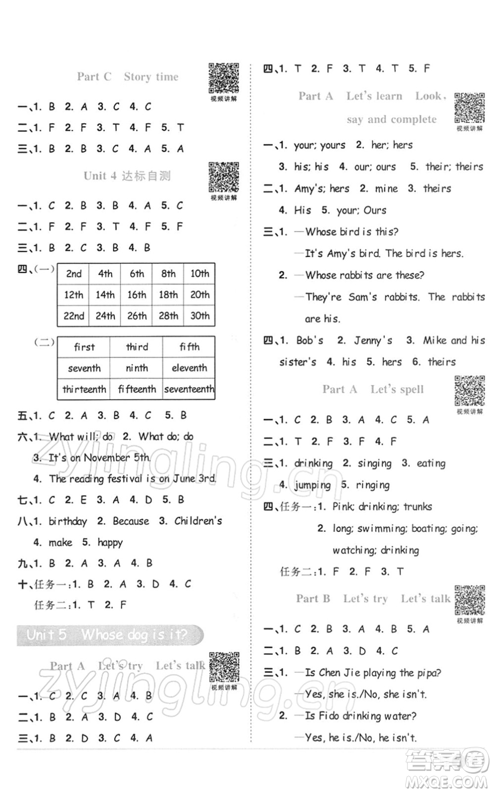 浙江教育出版社2022陽光同學(xué)課時達標(biāo)訓(xùn)練五年級英語下冊PEP版浙江專版答案