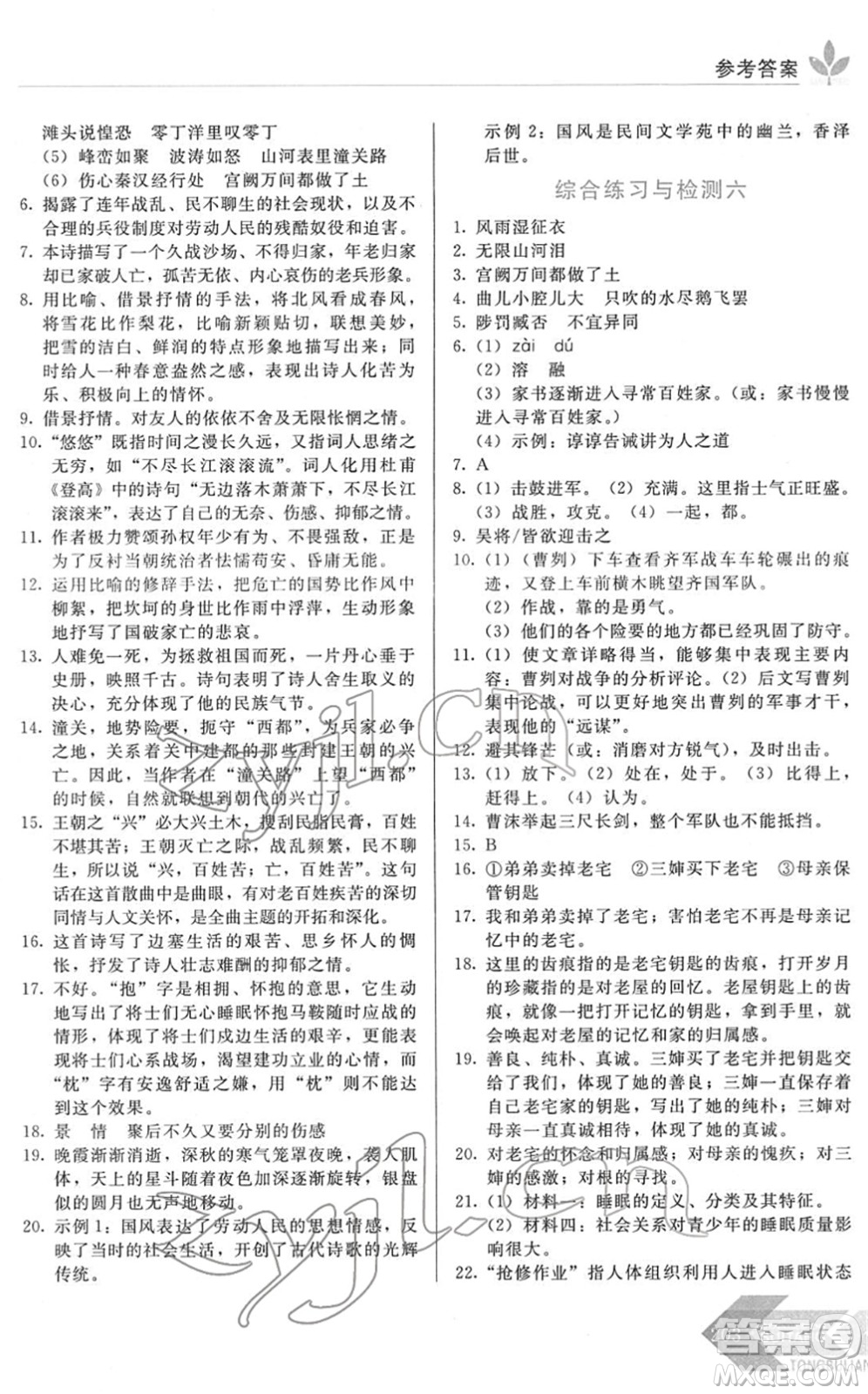 長春出版社2022中學生隨堂同步練習九年級語文下冊人教版答案