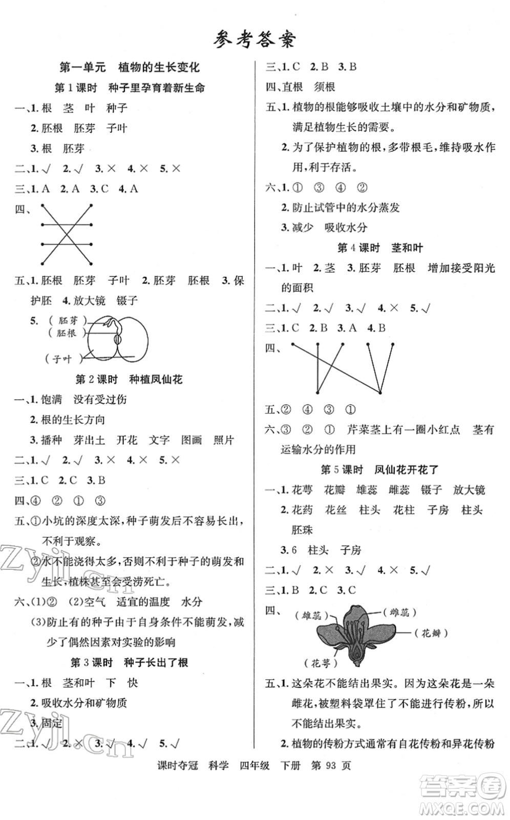 新疆科學(xué)技術(shù)出版社2022課時奪冠四年級科學(xué)下冊JK教科版答案
