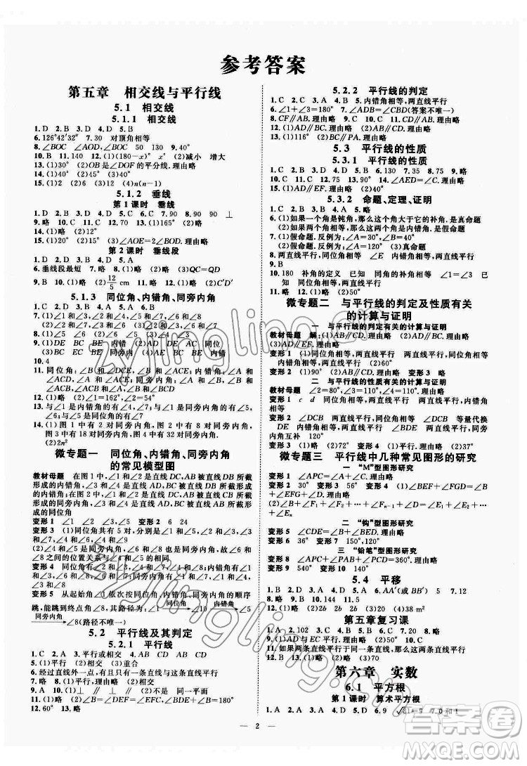 光明日報出版社2022全效學習數(shù)學七年級下冊RJ人教版精華版答案