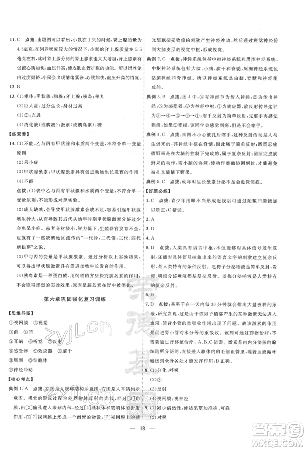 吉林教育出版社2022點(diǎn)撥訓(xùn)練課時作業(yè)本七年級下冊生物人教版參考答案