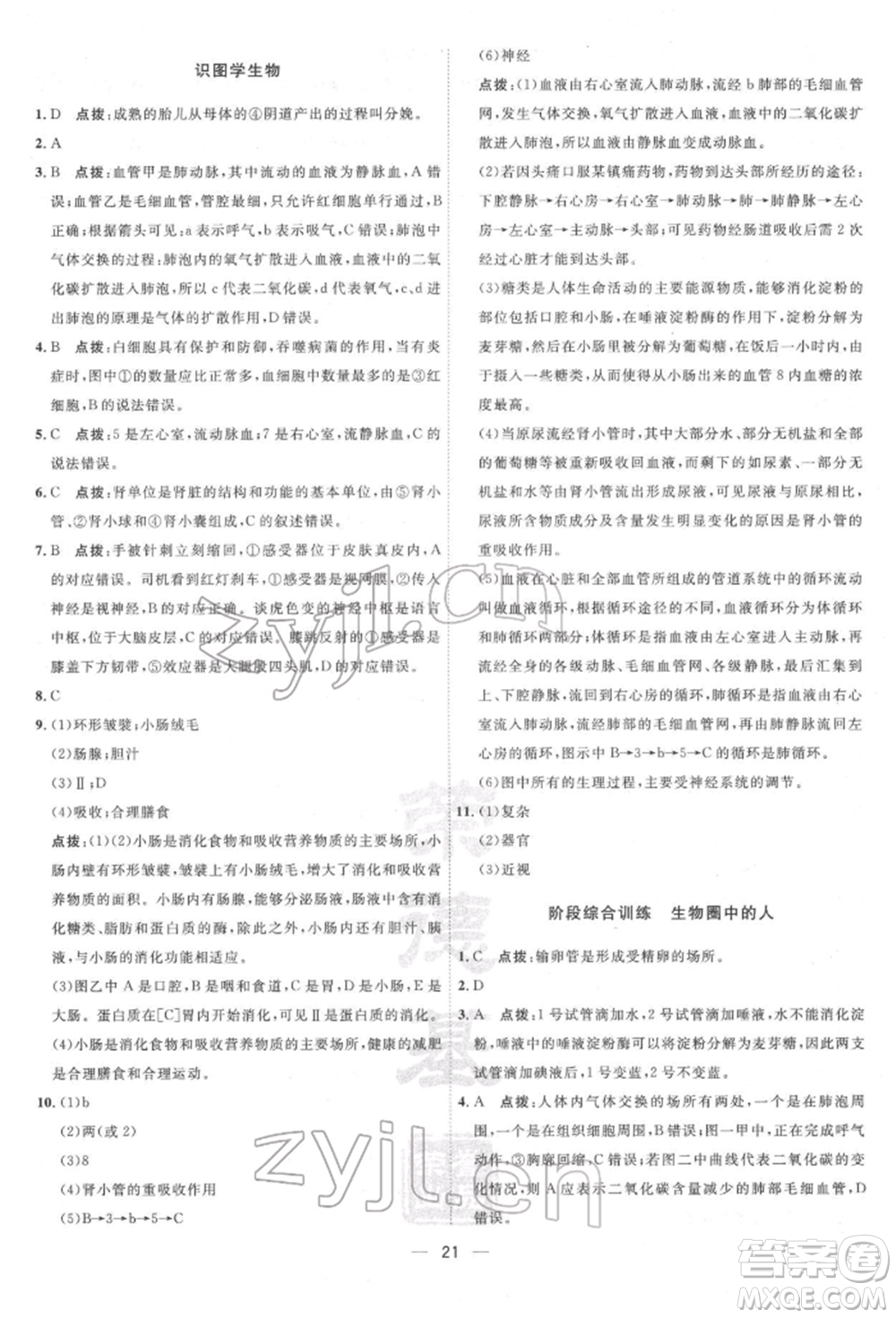 吉林教育出版社2022點(diǎn)撥訓(xùn)練課時作業(yè)本七年級下冊生物人教版參考答案