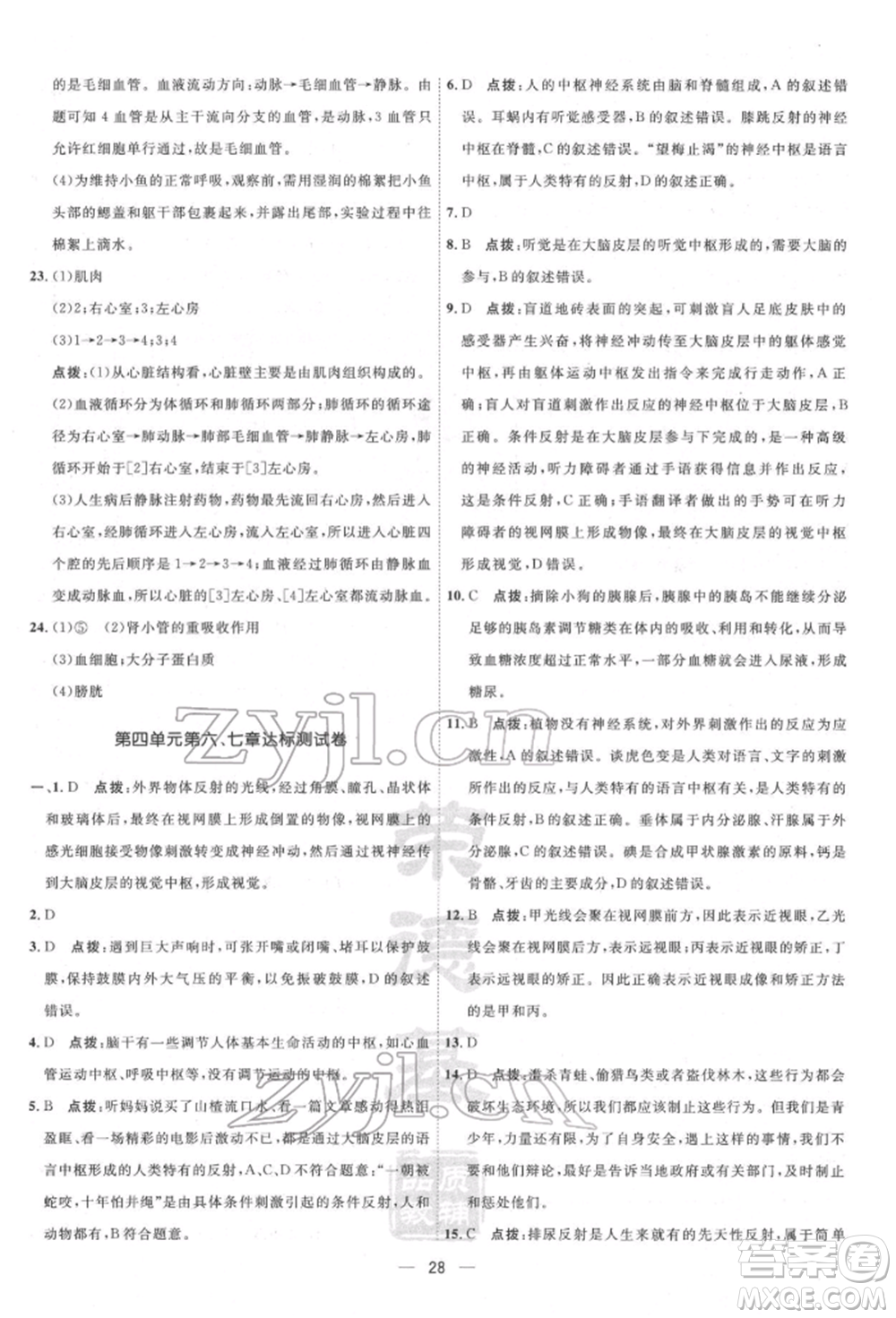 吉林教育出版社2022點(diǎn)撥訓(xùn)練課時作業(yè)本七年級下冊生物人教版參考答案