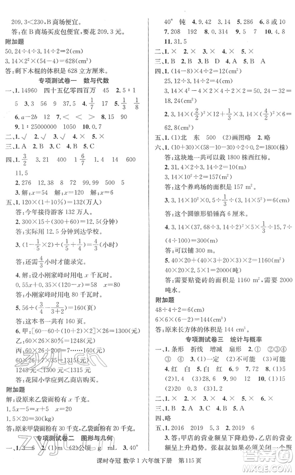 新疆人民出版總社2022課時(shí)奪冠六年級(jí)數(shù)學(xué)下冊(cè)R人教版答案